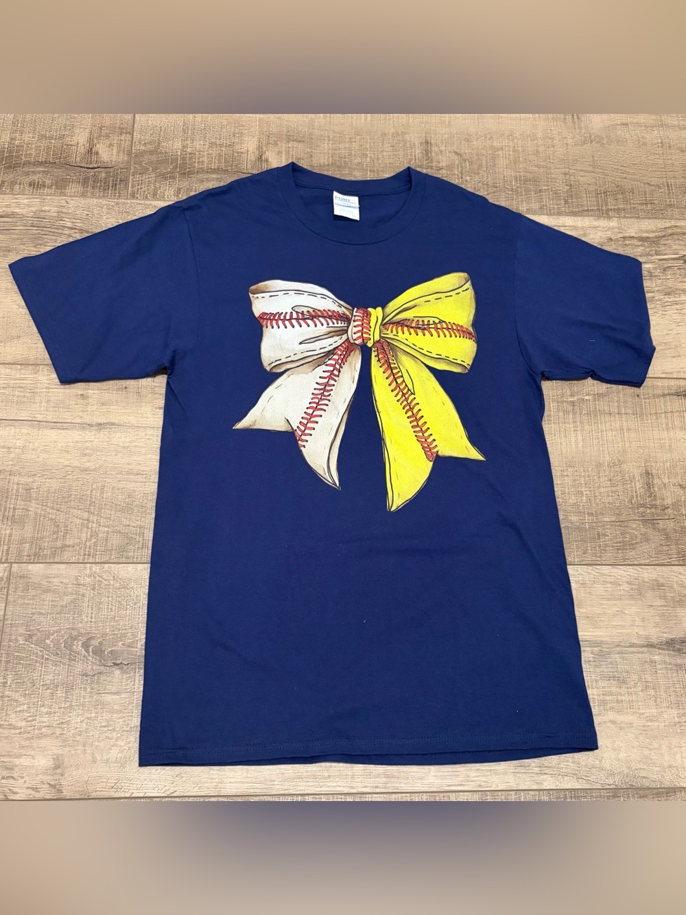 NWOT: Navy Blue Graphic Bow Baseball/Softball Tee - Picture 2 of 3